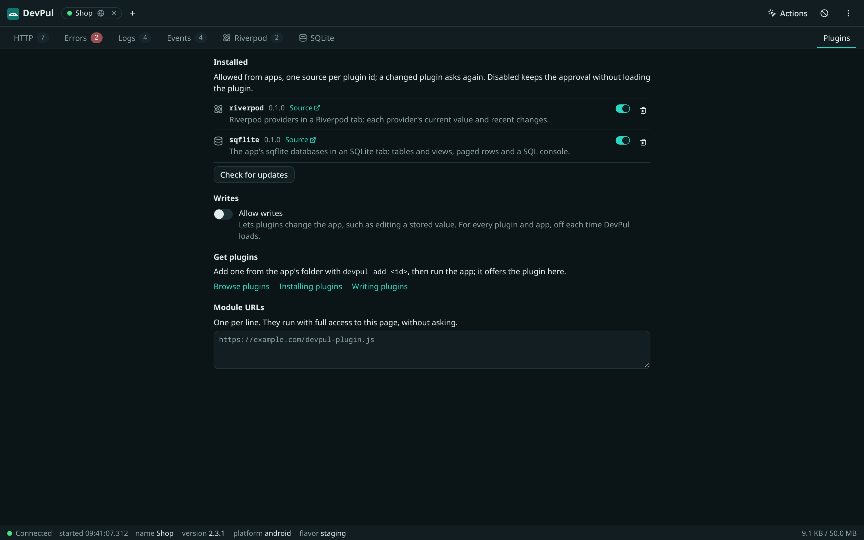 The Plugins tab listing the riverpod and sqflite plugins, the Allow writes switch and module URLs