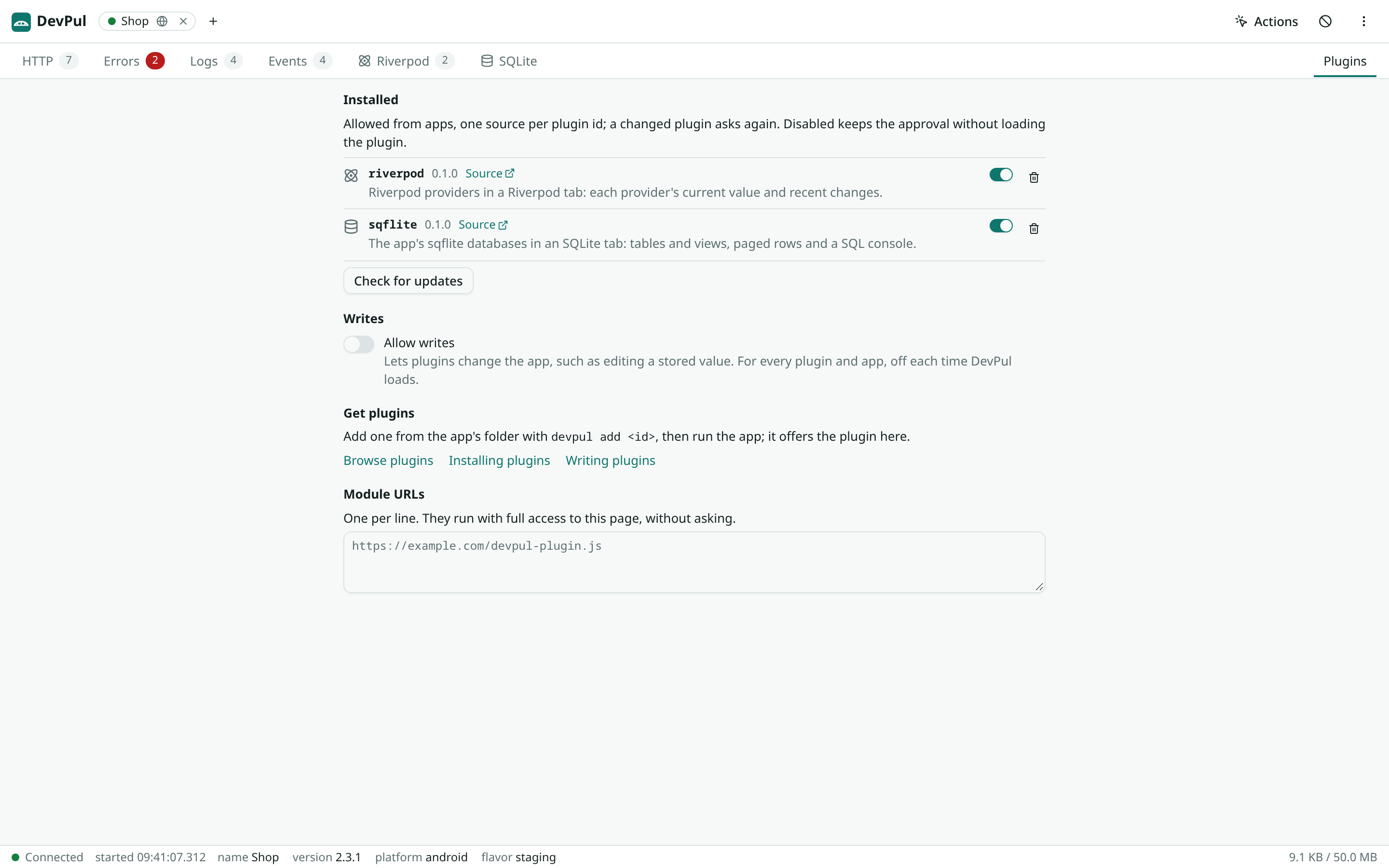 The Plugins tab listing the riverpod and sqflite plugins, the Allow writes switch and module URLs