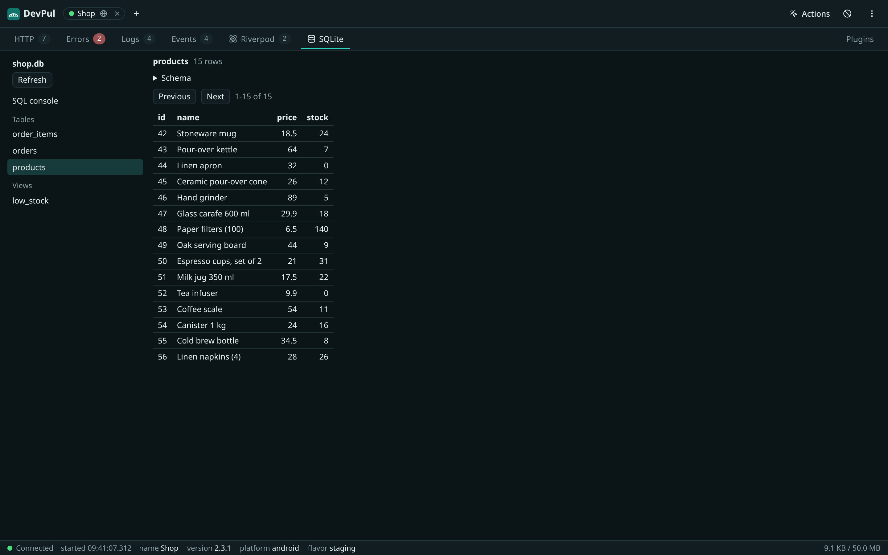 The SQLite tab of the sqflite plugin showing the products table of the app's database