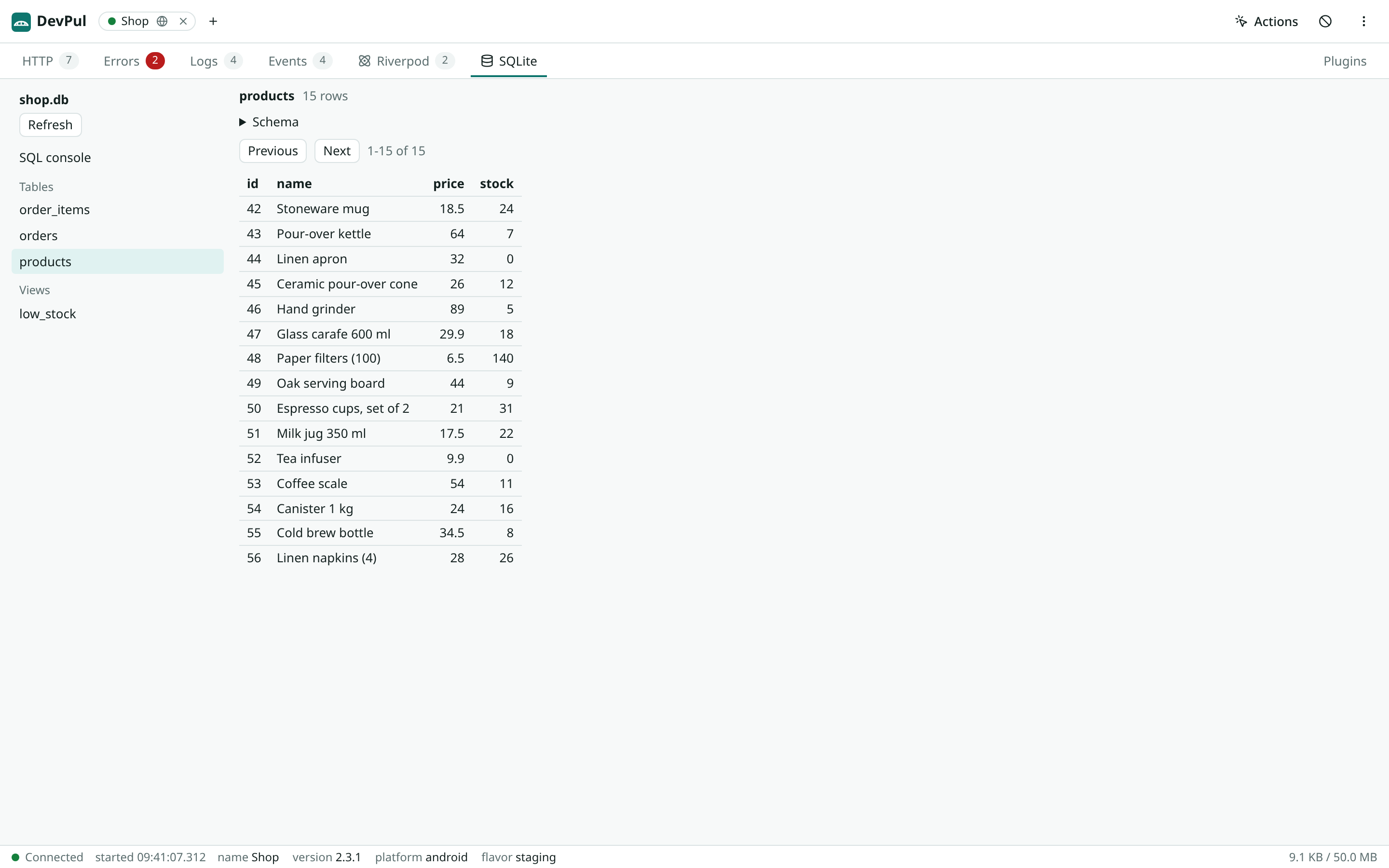 The SQLite tab of the sqflite plugin showing the products table of the app's database